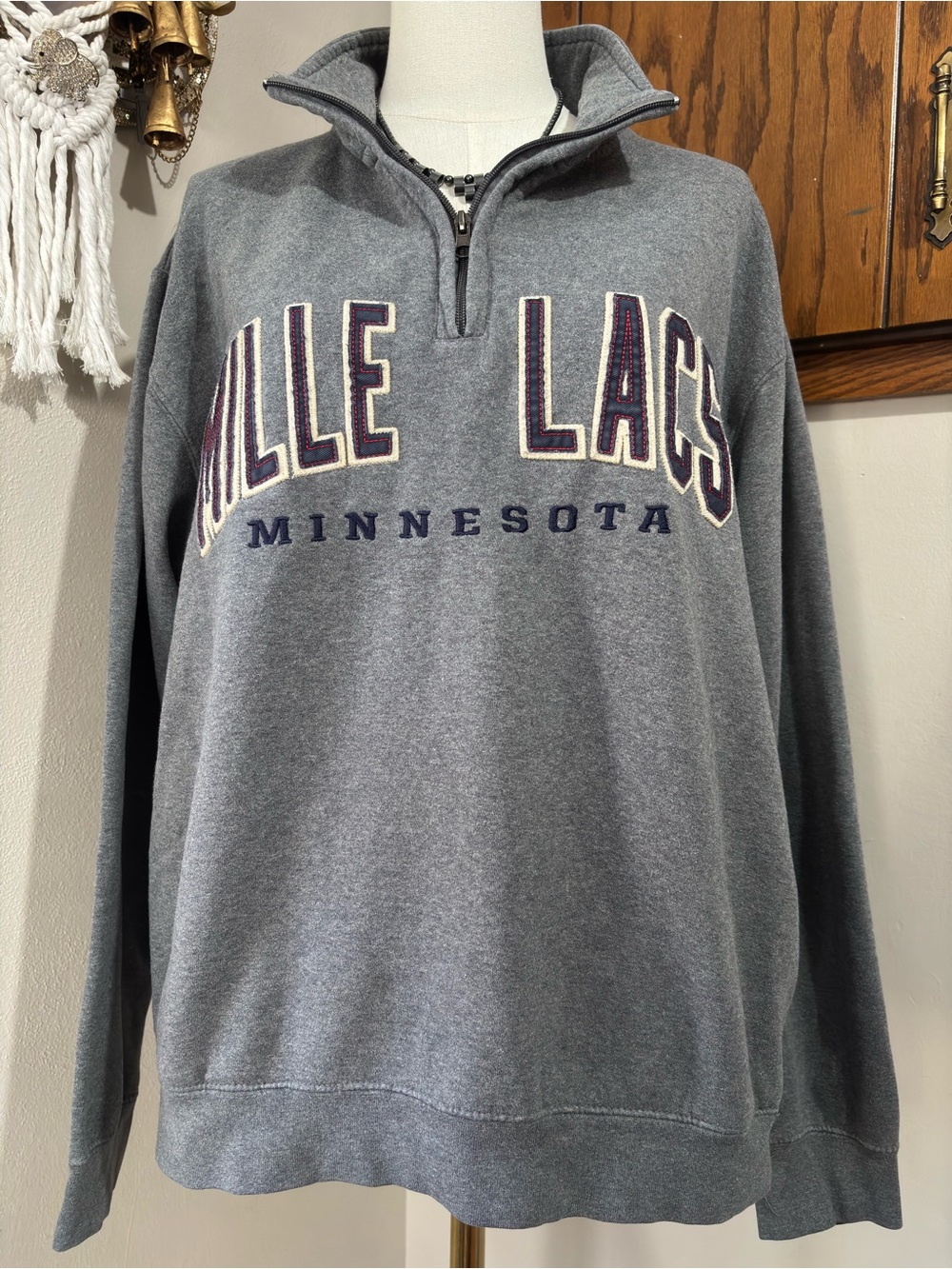Vintage Grey Long Sleeve Embroidered Minnesota Sweatshirt Mock Zip Neck Size Lg